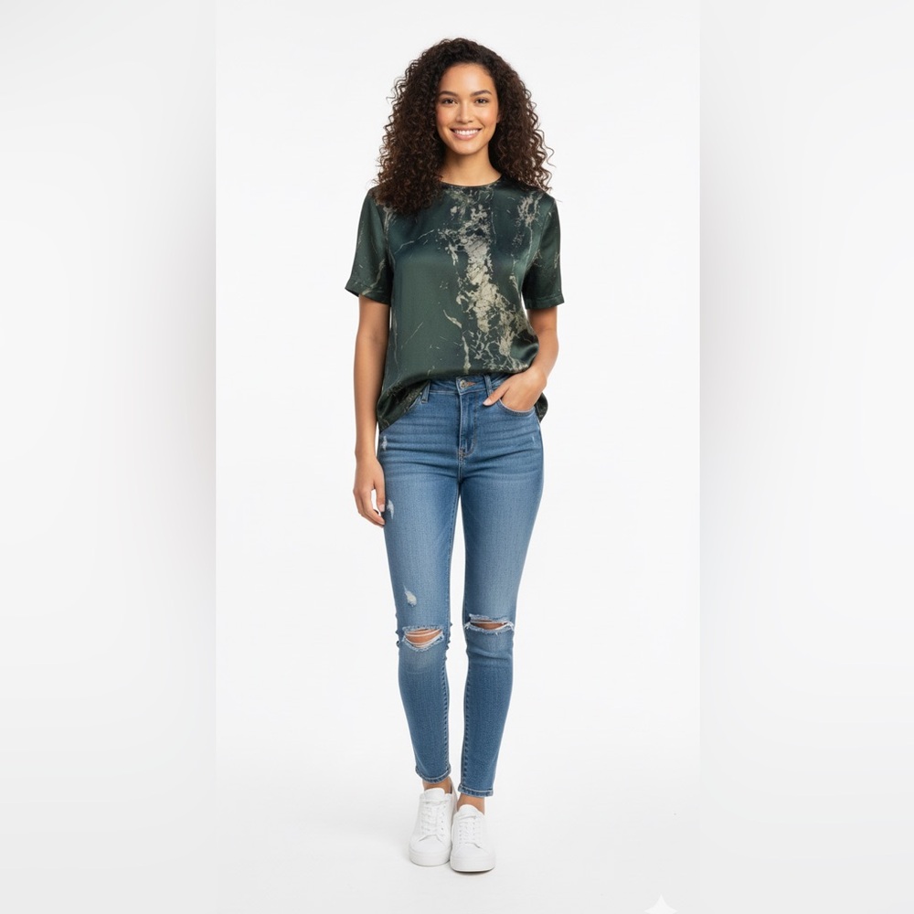 NWT Balenciaga Dark Green Silk Marble Print Shirt